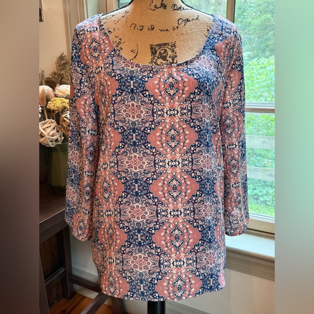 Lily White Blue and Pink Patterned Blouse